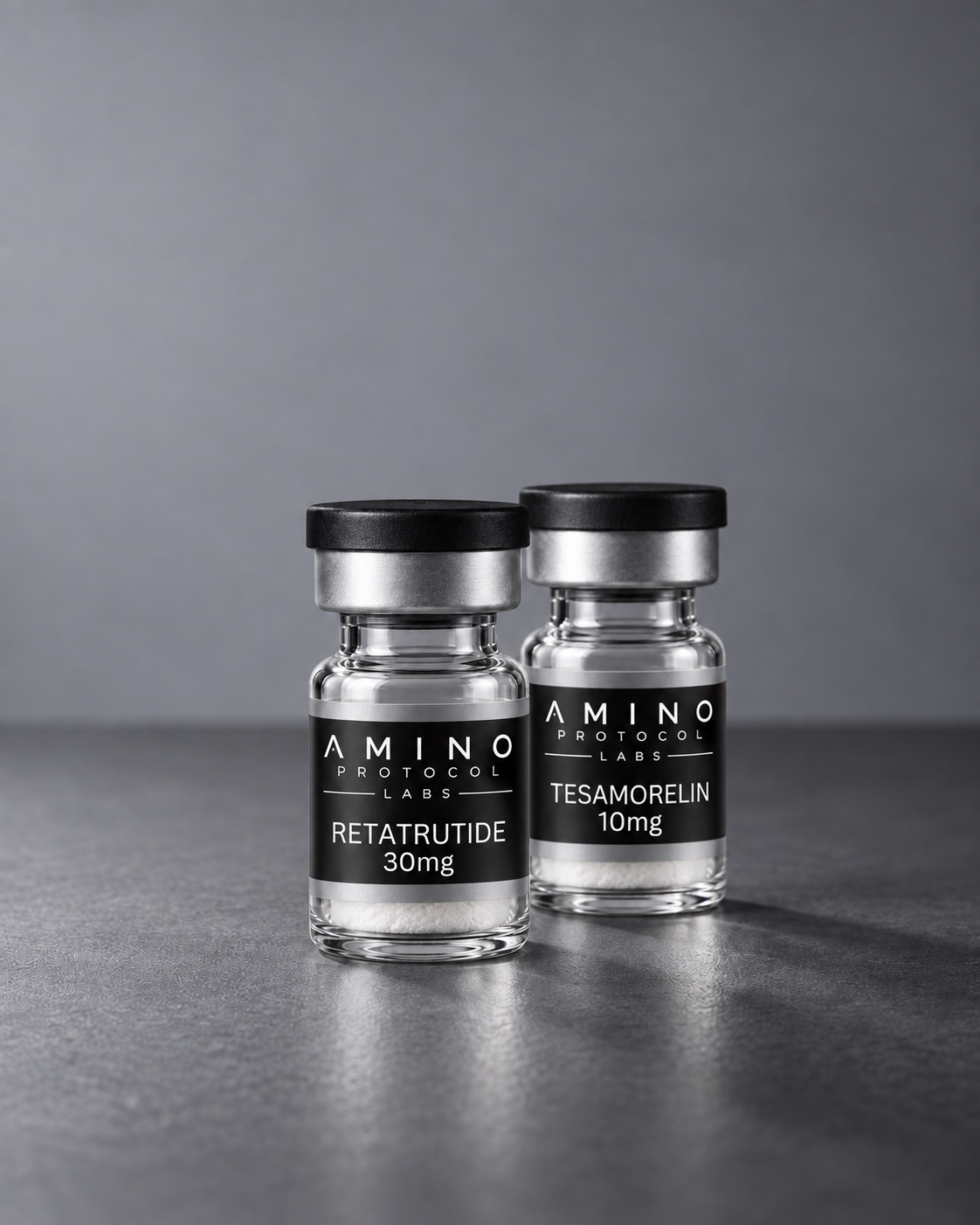 Amino Protocol Labs Retatrutide and Tesamorelin vial mockups against a gray background